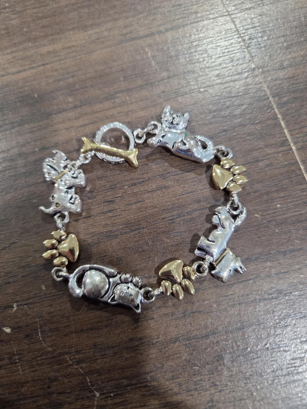 Vintage Silver and Gold Tone Premier Design Dog and Cat Toggle Bracelet